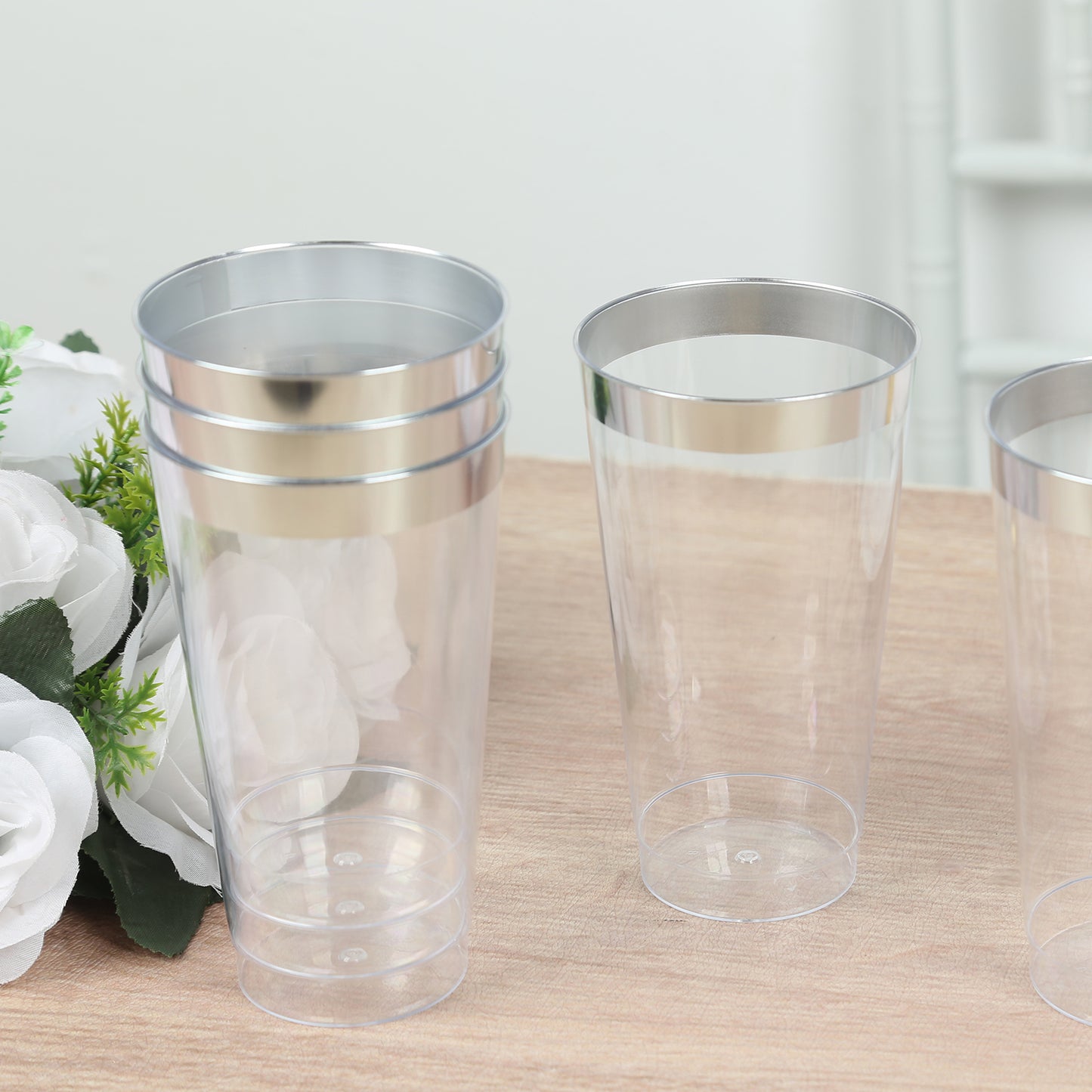 12 Pack Clear Plastic Cups Drinking Tumblers with Silver Rim, 17oz Disposable Party Cups - 5.5"