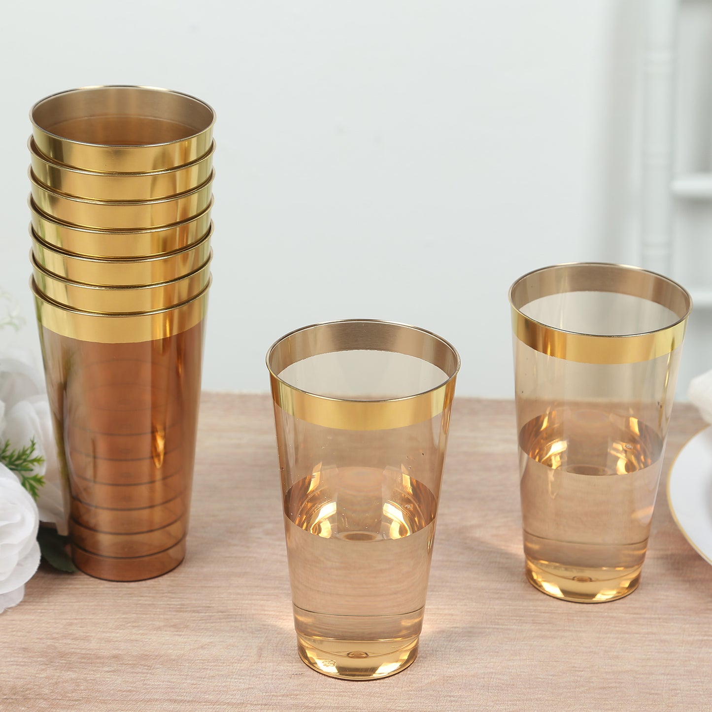 12 Pack Amber Gold Plastic Cups Drinking Tumblers with Gold Rim, 17oz Disposable Party Cups - 5.5"