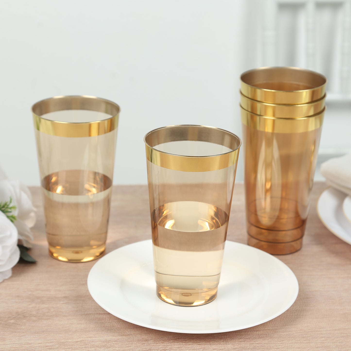 12 Pack Amber Gold Plastic Cups Drinking Tumblers with Gold Rim, 17oz Disposable Party Cups - 5.5"