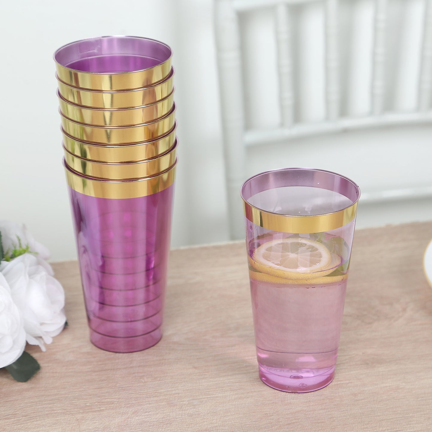 12 Pack Transparent Purple Plastic Cups Drinking Tumblers with Gold Rim, 17oz Disposable Party Cups - 5.5"