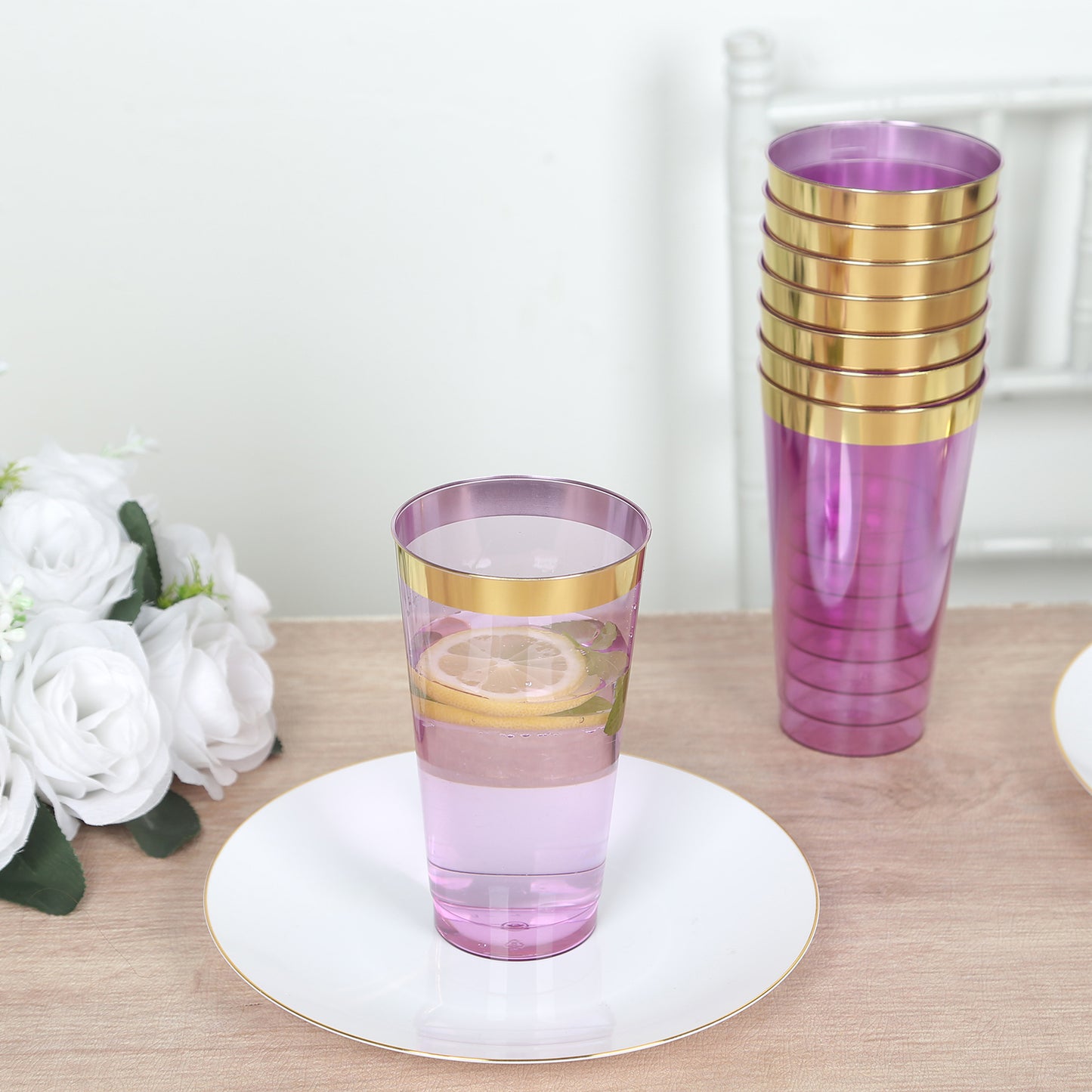 12 Pack Transparent Purple Plastic Cups Drinking Tumblers with Gold Rim, 17oz Disposable Party Cups - 5.5"