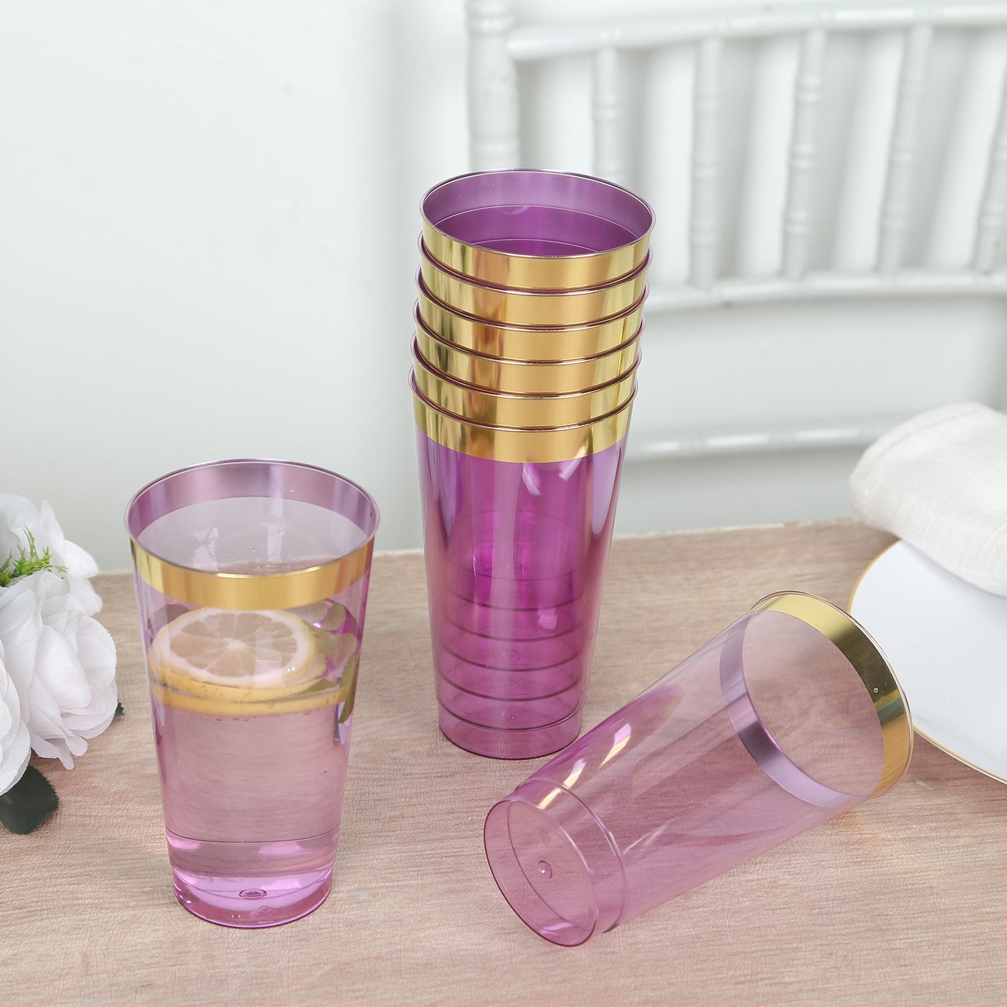 12 Pack Transparent Purple Plastic Cups Drinking Tumblers with Gold Rim, 17oz Disposable Party Cups - 5.5"