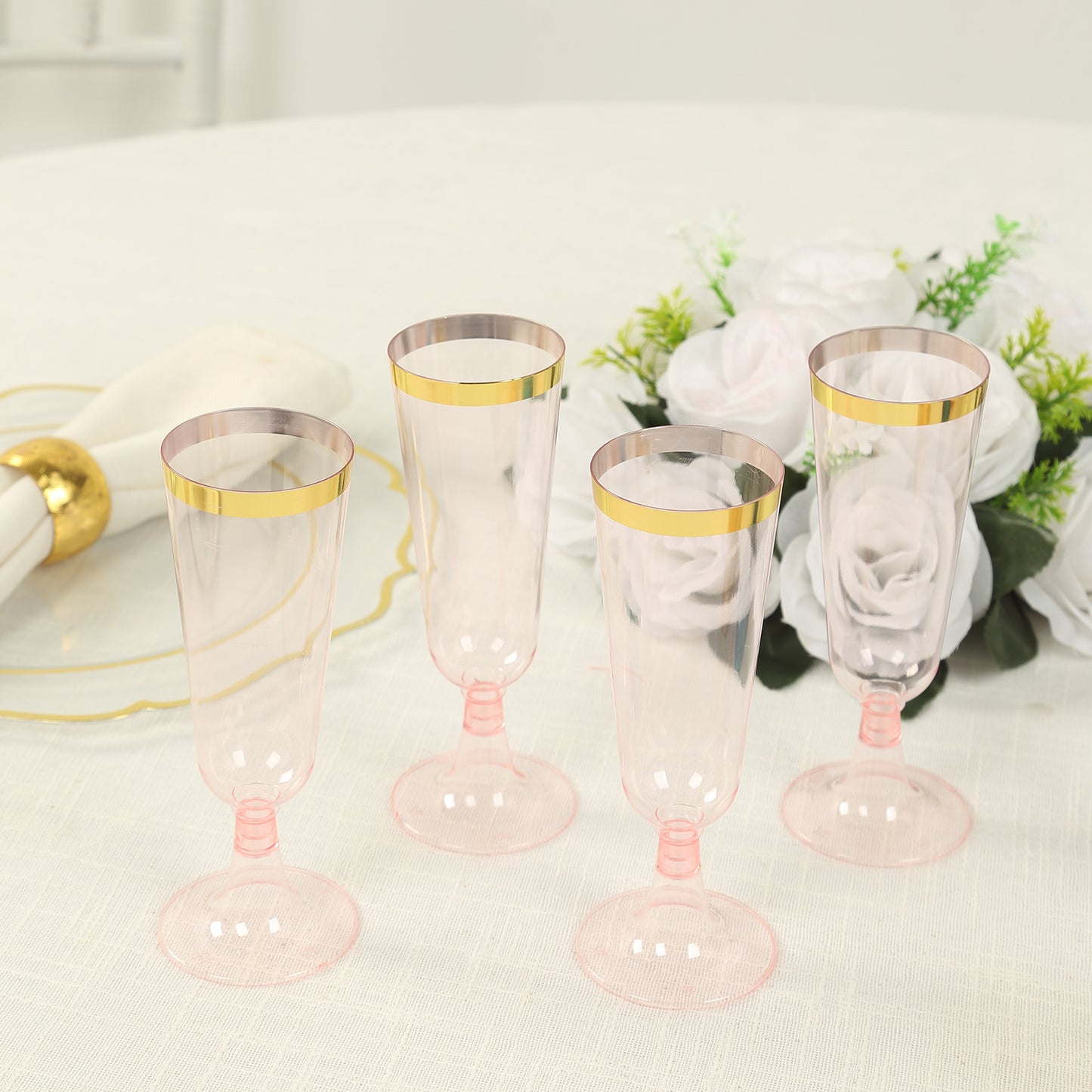 12 Pack Transparent Blush Disposable Champagne Flutes with Gold Rim, 5oz Plastic Toasting Cocktail Wine Glasses with Detachable Base - 6"