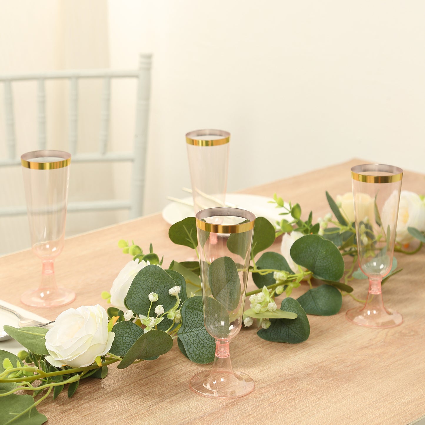 12 Pack Transparent Blush Disposable Champagne Flutes with Gold Rim, 5oz Plastic Toasting Cocktail Wine Glasses with Detachable Base - 6"