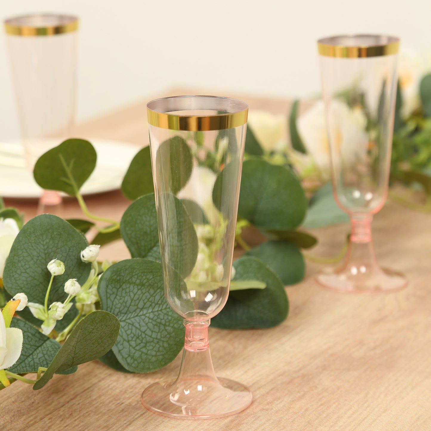 12 Pack Transparent Blush Disposable Champagne Flutes with Gold Rim, 5oz Plastic Toasting Cocktail Wine Glasses with Detachable Base - 6"