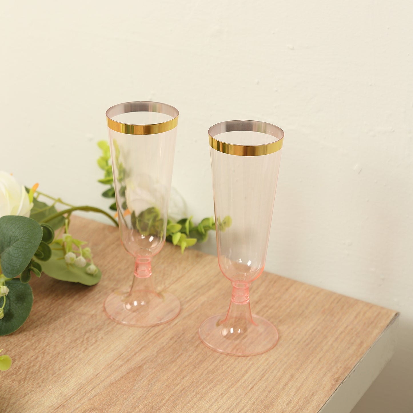 12 Pack Transparent Blush Disposable Champagne Flutes with Gold Rim, 5oz Plastic Toasting Cocktail Wine Glasses with Detachable Base - 6"