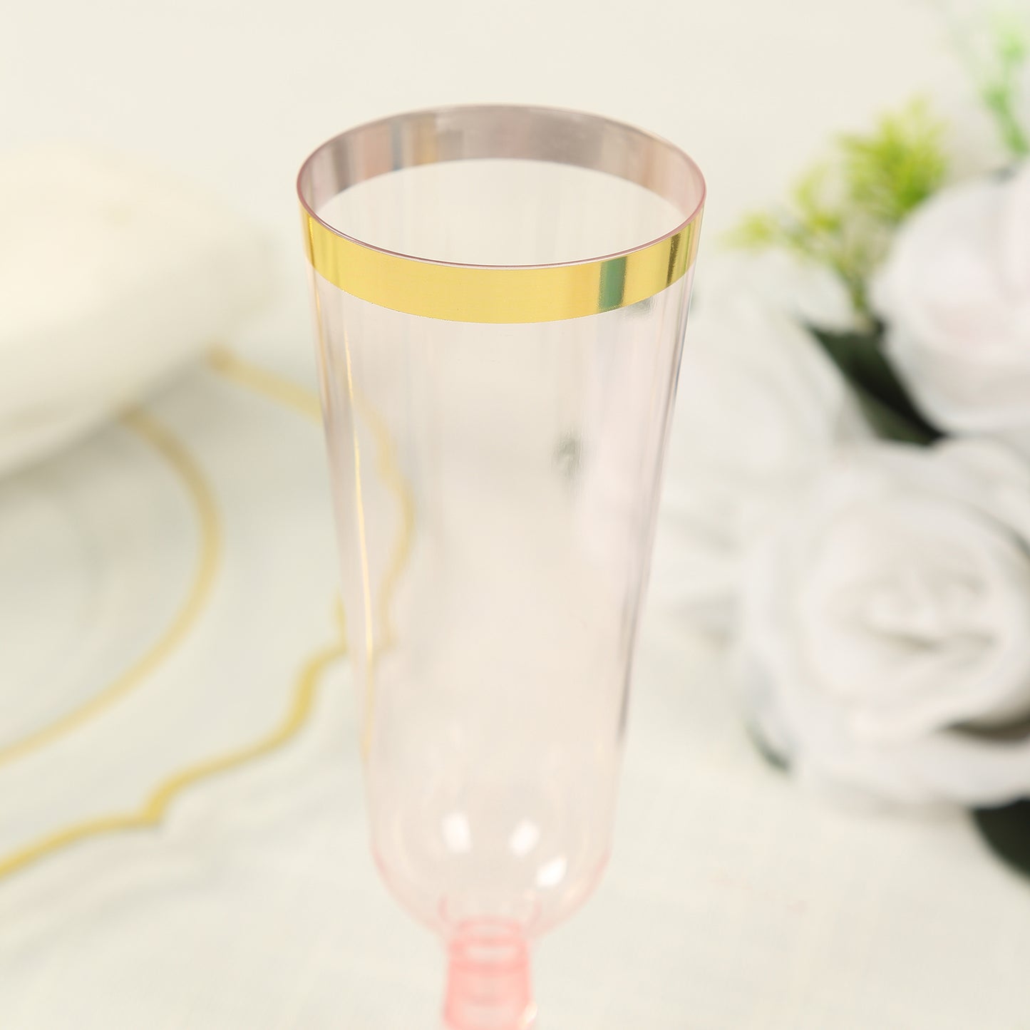 12 Pack Transparent Blush Disposable Champagne Flutes with Gold Rim, 5oz Plastic Toasting Cocktail Wine Glasses with Detachable Base - 6"