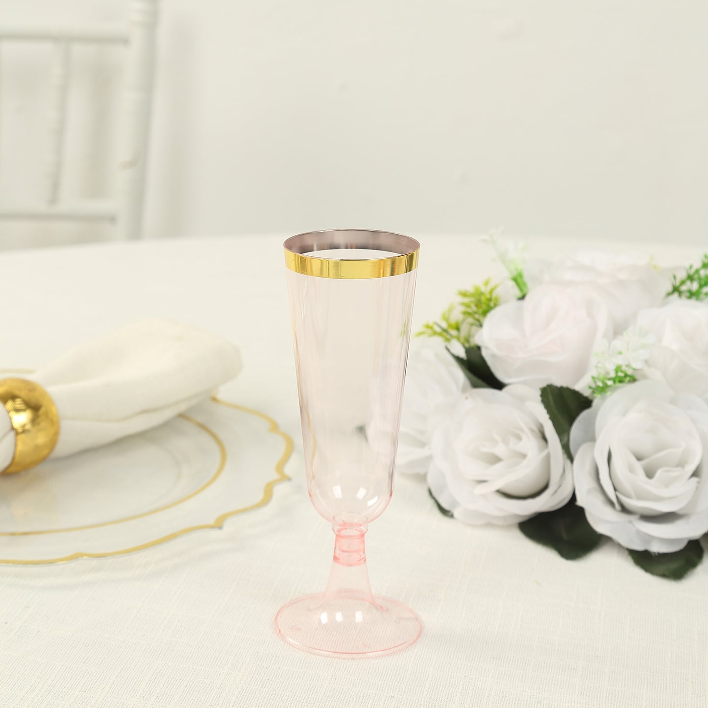 12 Pack Transparent Blush Disposable Champagne Flutes with Gold Rim, 5oz Plastic Toasting Cocktail Wine Glasses with Detachable Base - 6"