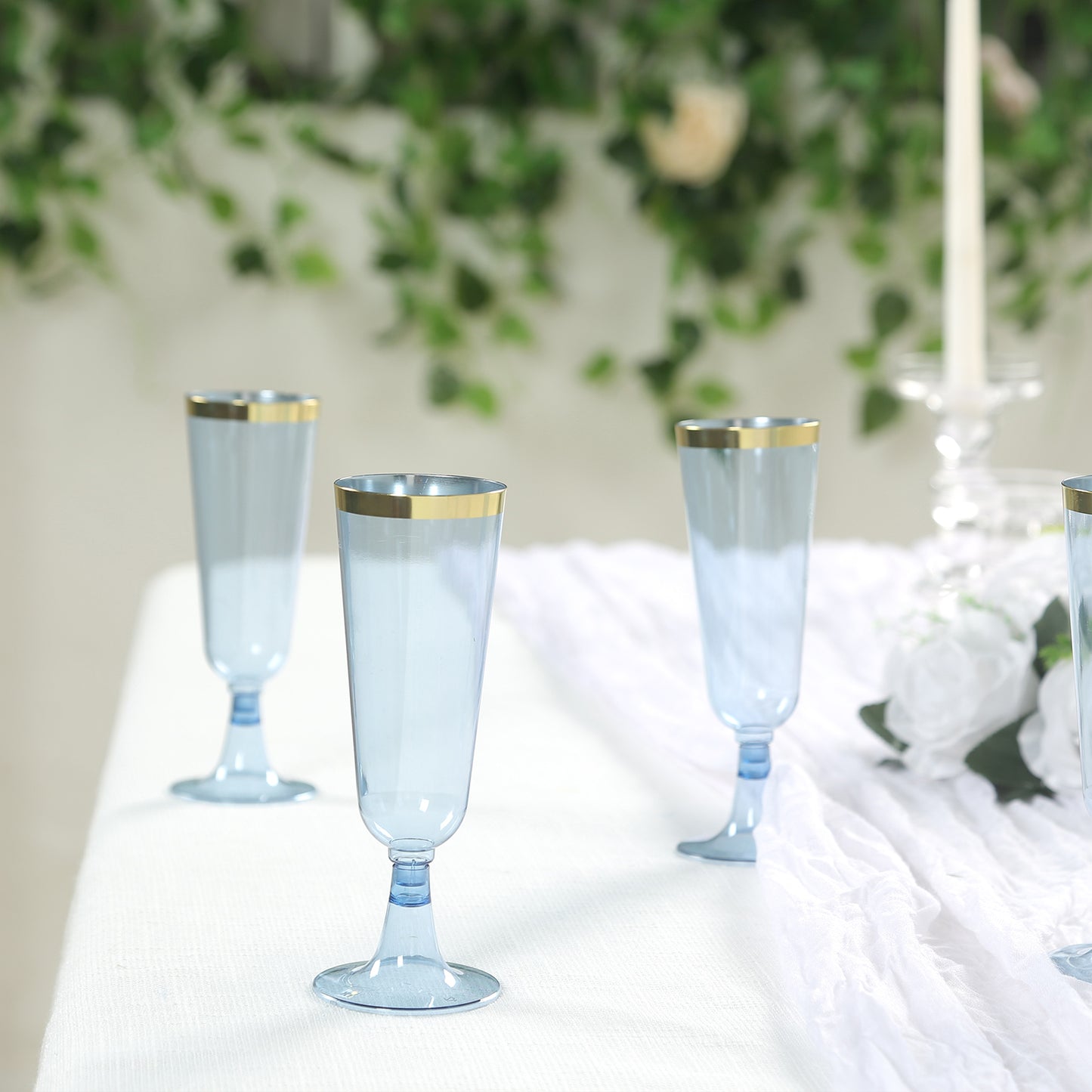 12 Pack Transparent Dusty Blue Disposable Champagne Flutes with Gold Rim, 5oz Plastic Toasting Cocktail Wine Glasses with Detachable Base - 6"