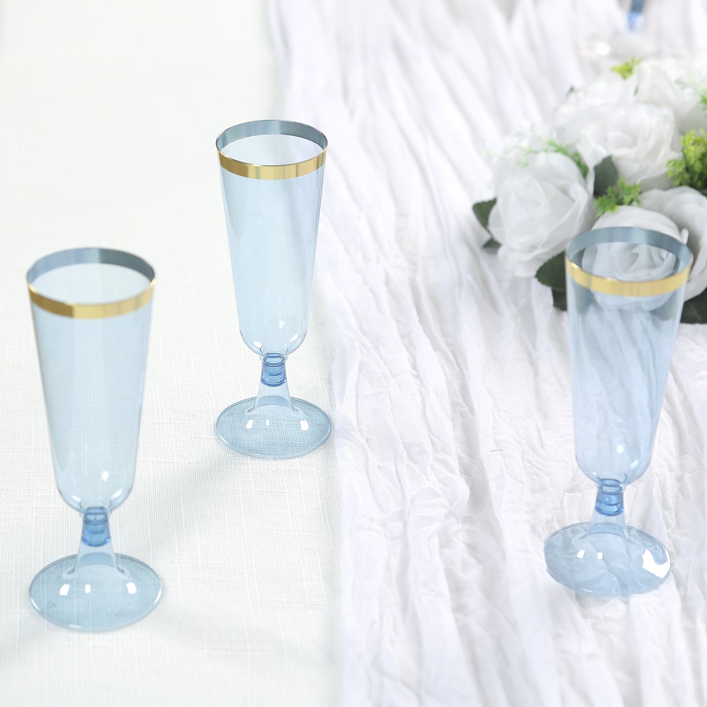 12 Pack Transparent Dusty Blue Disposable Champagne Flutes with Gold Rim, 5oz Plastic Toasting Cocktail Wine Glasses with Detachable Base - 6"