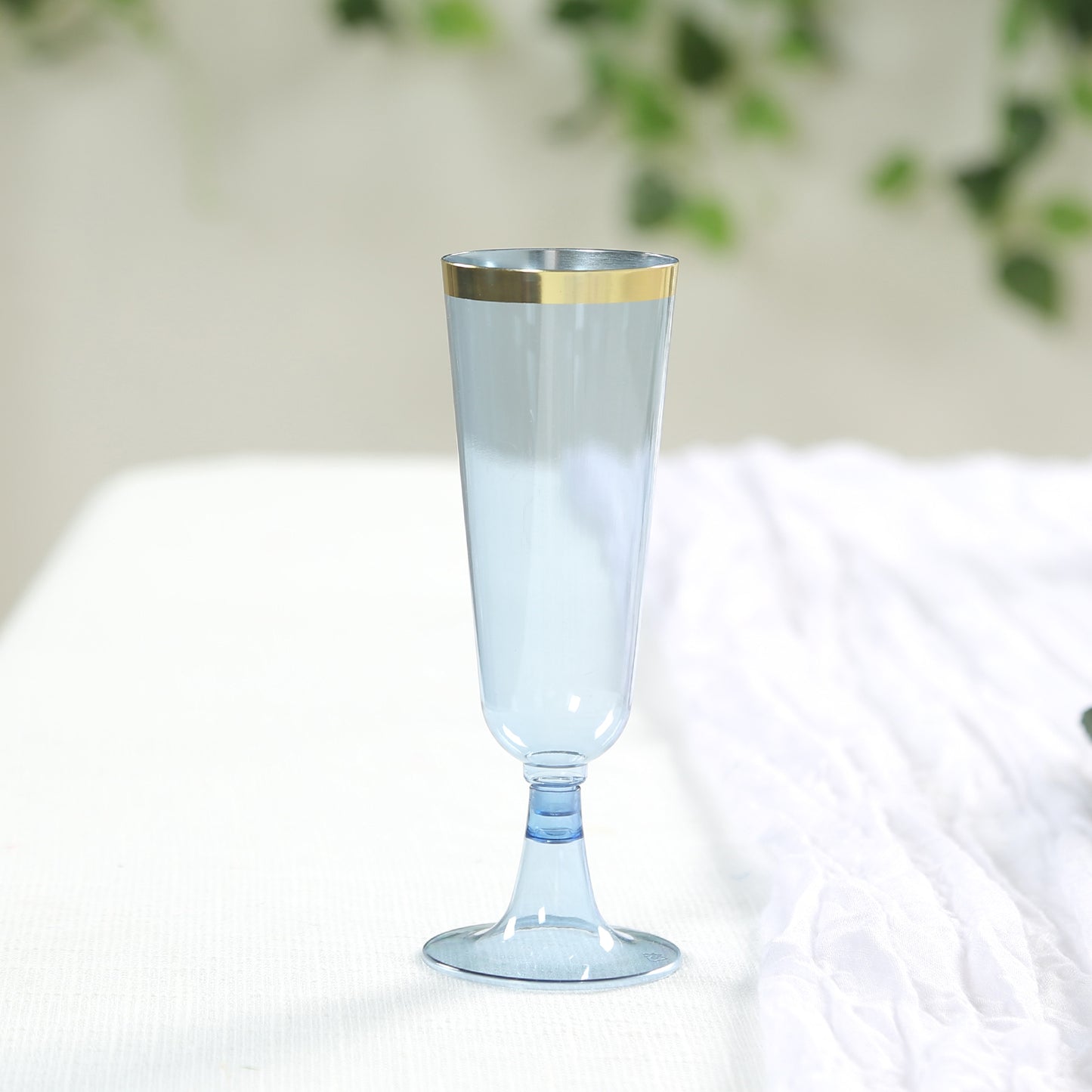 12 Pack Transparent Dusty Blue Disposable Champagne Flutes with Gold Rim, 5oz Plastic Toasting Cocktail Wine Glasses with Detachable Base - 6"