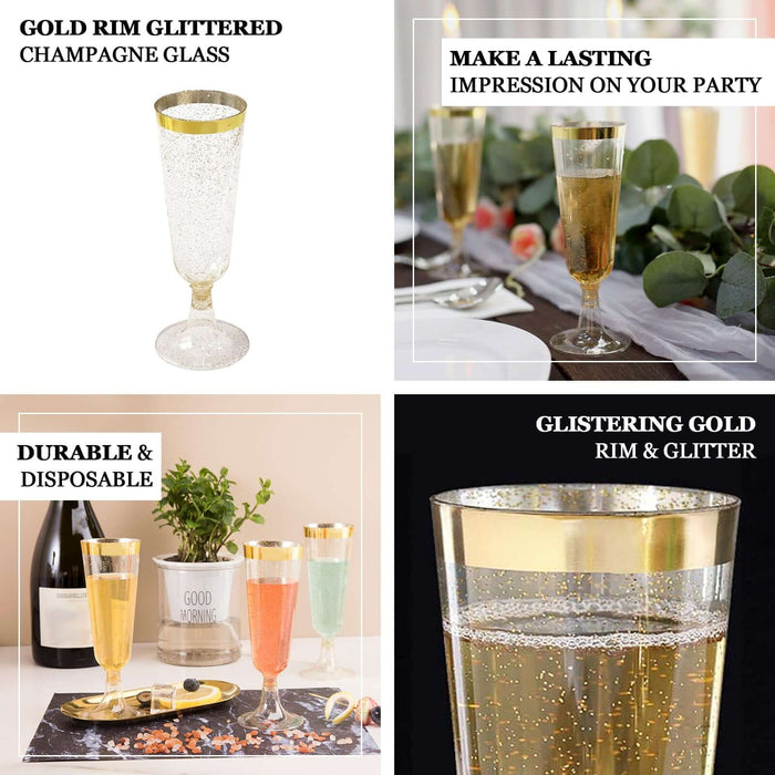 12 Pack Clear Gold Glittered Disposable Champagne Flutes with Gold Rim, 6oz Transparent Plastic Toasting Cocktail Wine Glasses with Detachable Base - 6.25"