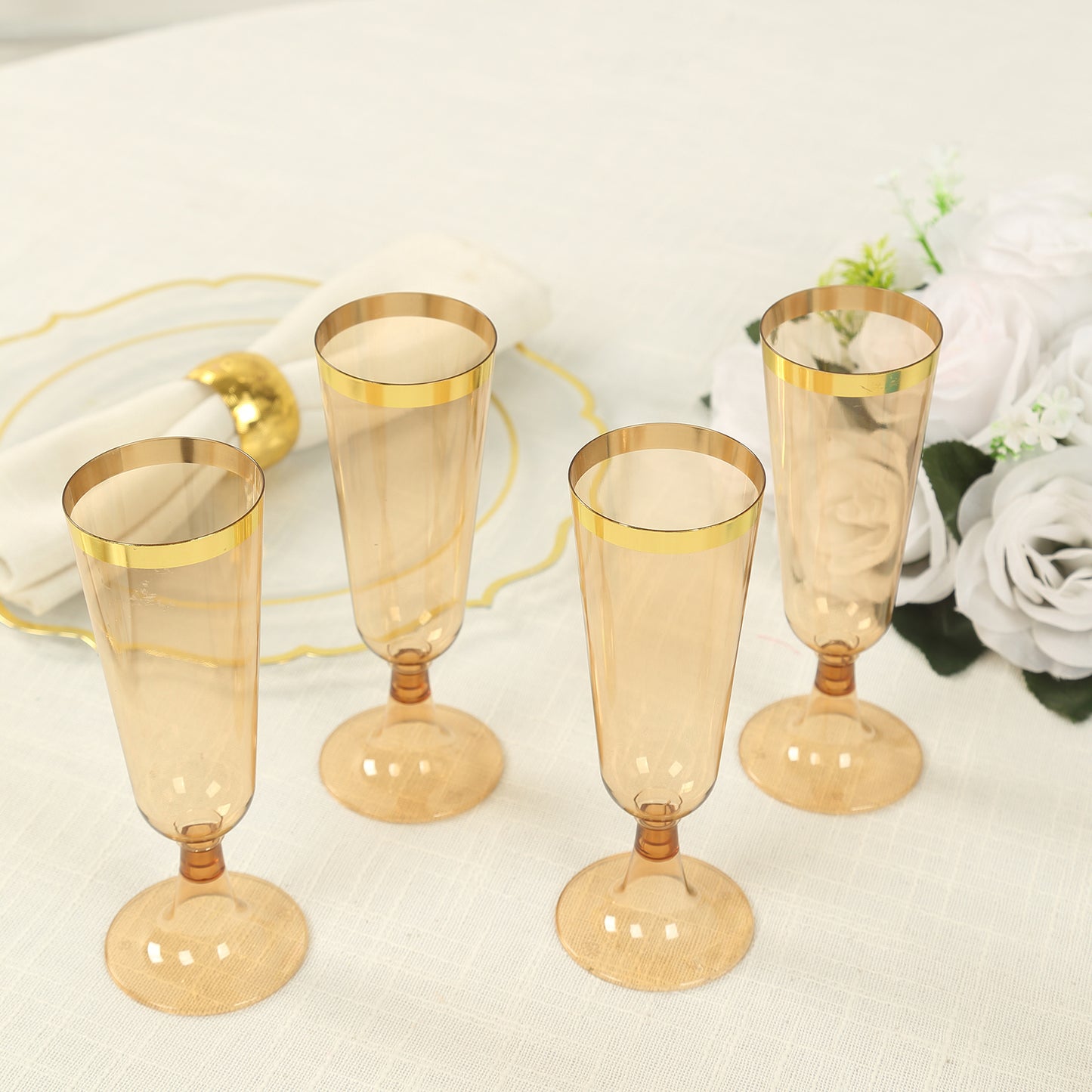 12 Pack Amber Gold Disposable Champagne Flutes with Gold Rim, 5oz Transparent Plastic Toasting Cocktail Wine Glasses with Detachable Base - 6"