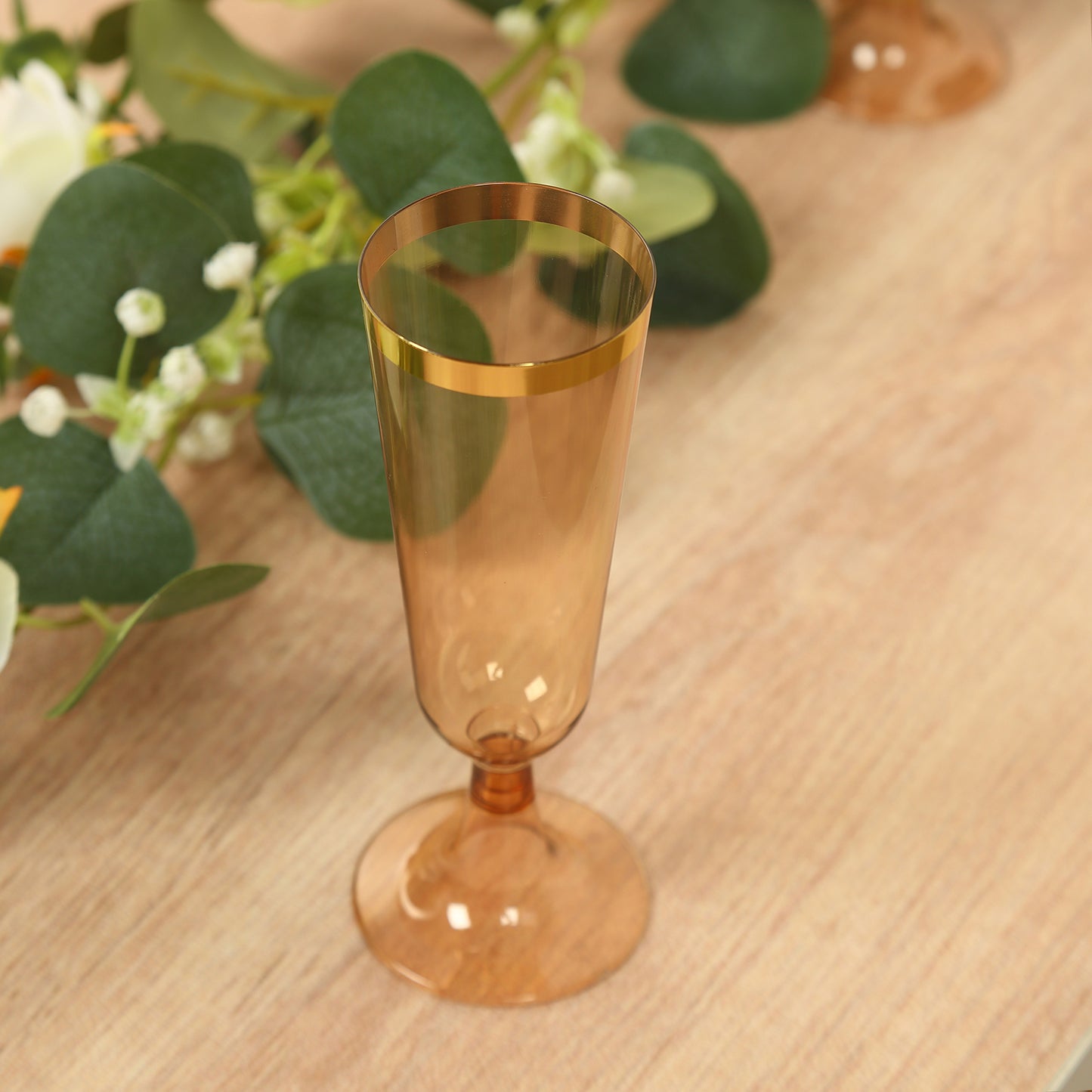 12 Pack Amber Gold Disposable Champagne Flutes with Gold Rim, 5oz Transparent Plastic Toasting Cocktail Wine Glasses with Detachable Base - 6"