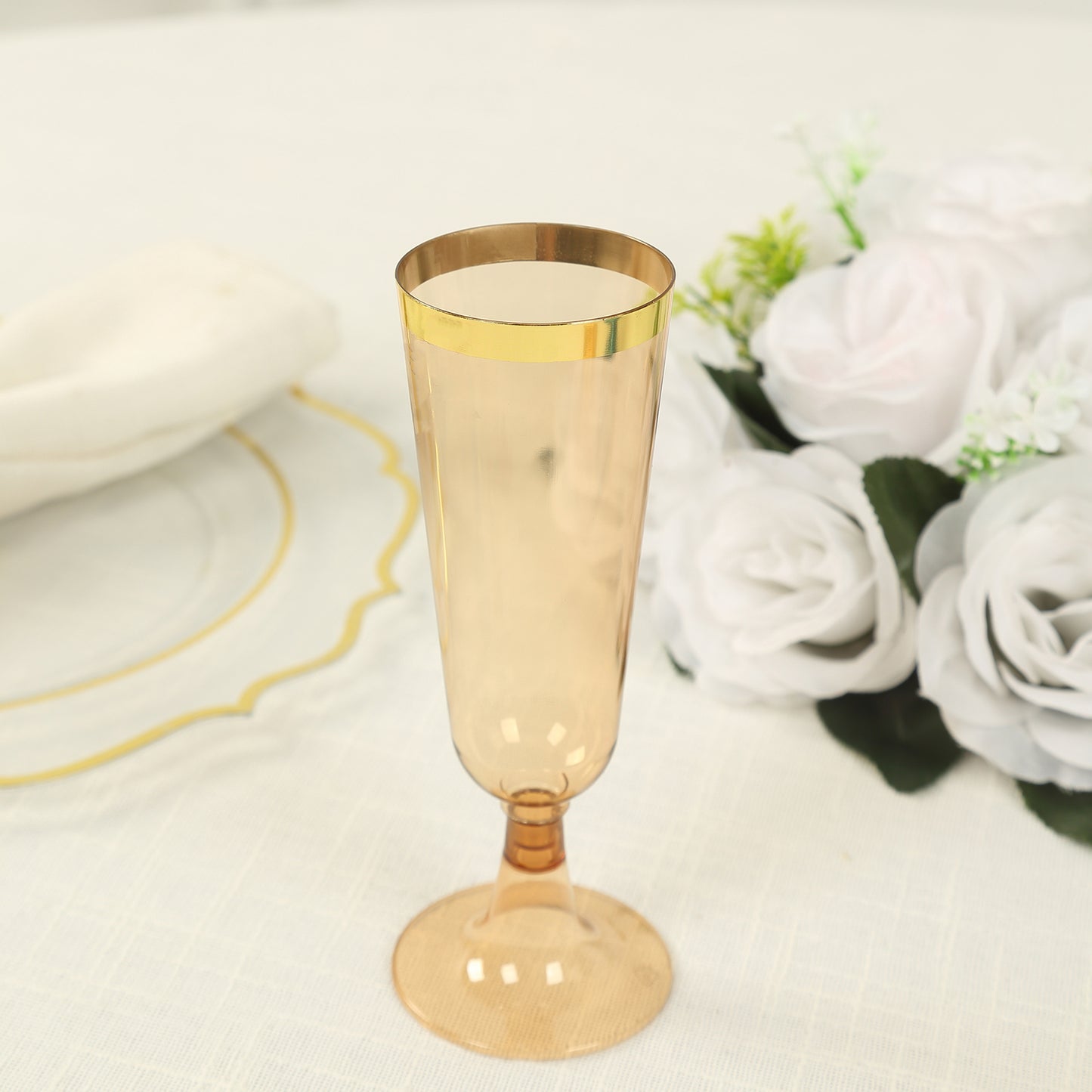 12 Pack Amber Gold Disposable Champagne Flutes with Gold Rim, 5oz Transparent Plastic Toasting Cocktail Wine Glasses with Detachable Base - 6"