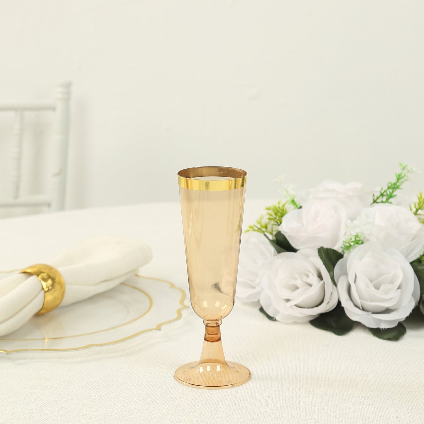 12 Pack Amber Gold Disposable Champagne Flutes with Gold Rim, 5oz Transparent Plastic Toasting Cocktail Wine Glasses with Detachable Base - 6"