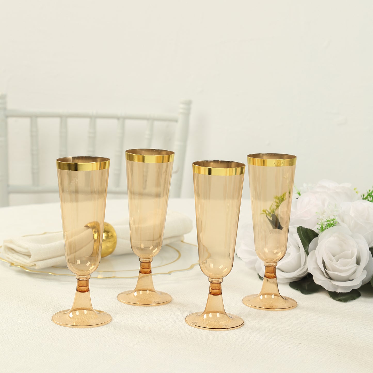 12 Pack Amber Gold Disposable Champagne Flutes with Gold Rim, 5oz Transparent Plastic Toasting Cocktail Wine Glasses with Detachable Base - 6"