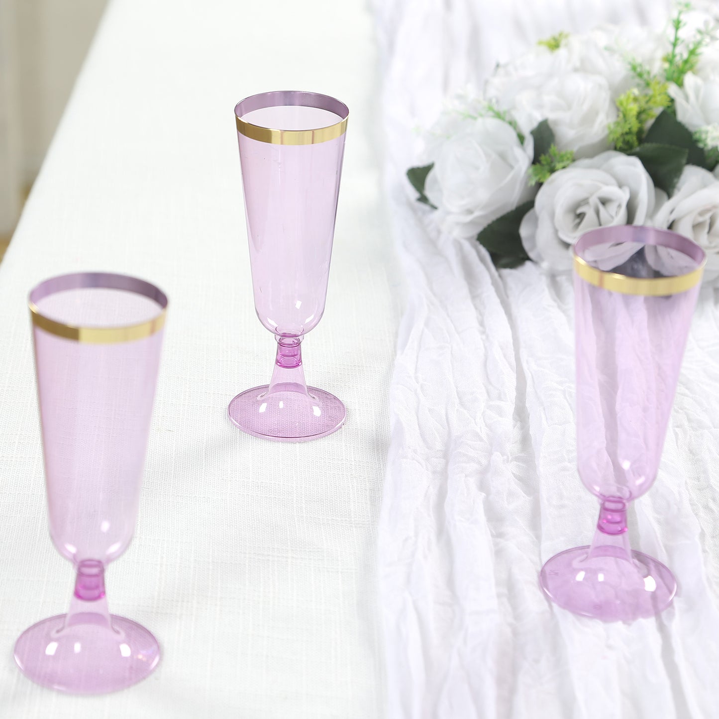 12 Pack Transparent Purple Disposable Champagne Flutes with Gold Rim, 5oz Plastic Toasting Cocktail Wine Glasses with Detachable Base - 6"