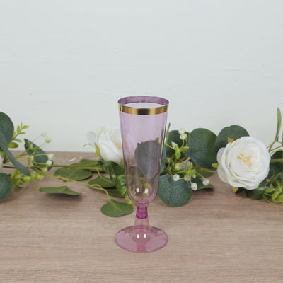 Transparent Purple Plastic Champagne Flutes with Gold Rim