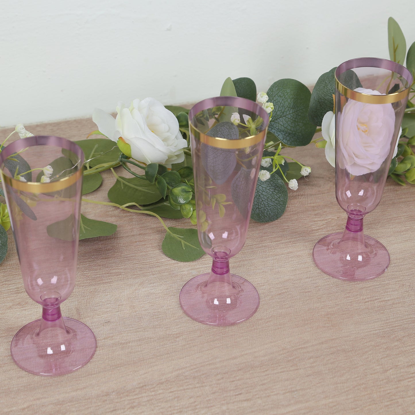 12 Pack Transparent Purple Disposable Champagne Flutes with Gold Rim, 5oz Plastic Toasting Cocktail Wine Glasses with Detachable Base - 6"