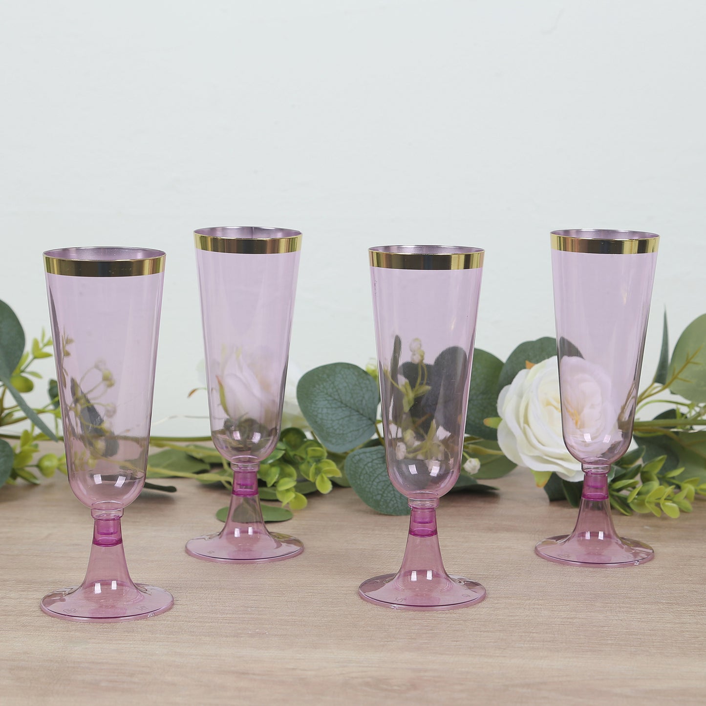 12 Pack Transparent Purple Disposable Champagne Flutes with Gold Rim, 5oz Plastic Toasting Cocktail Wine Glasses with Detachable Base - 6"