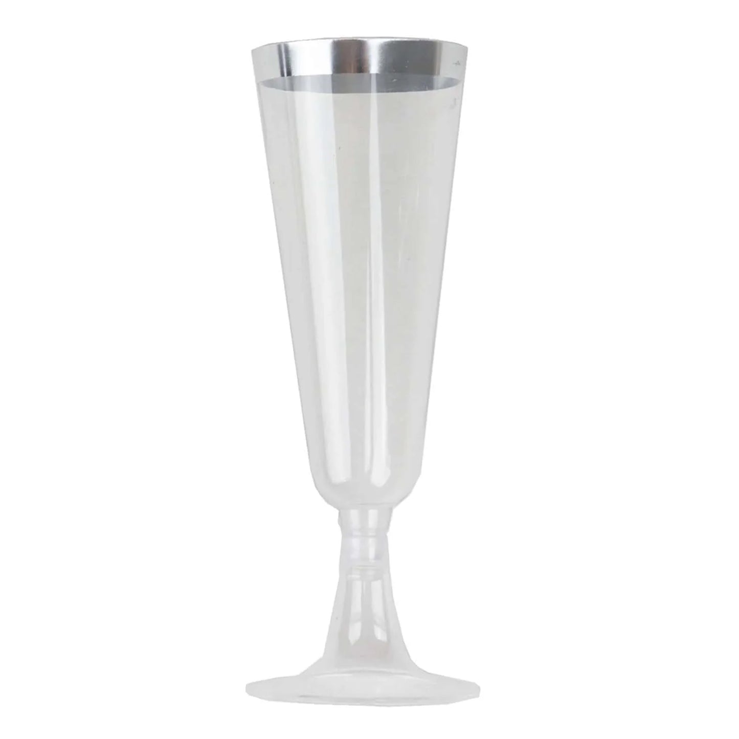 12 Pack Clear Disposable Champagne Flutes with Silver Rim, 5oz Transparent Plastic Toasting Cocktail Wine Glasses with Detachable Base - 6.25"