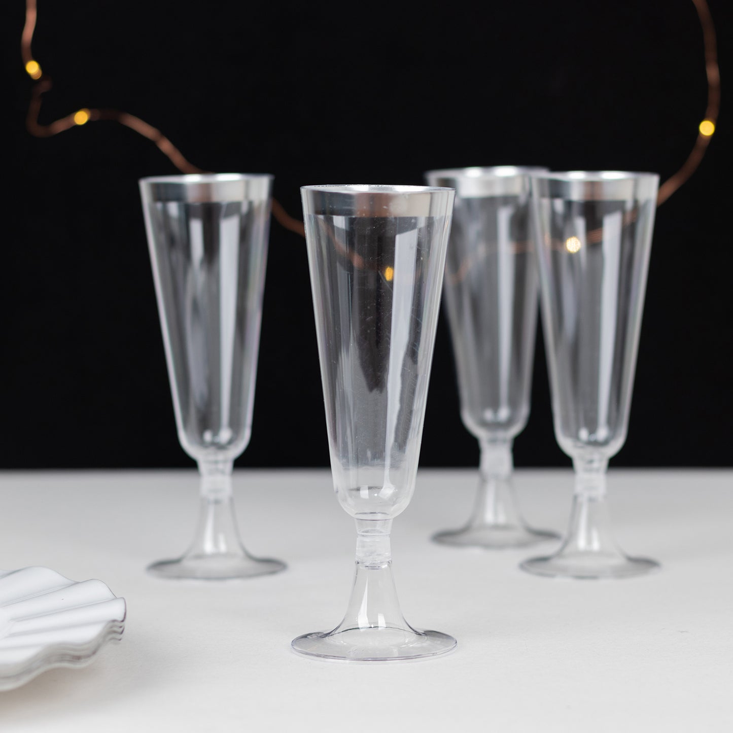 12 Pack Clear Disposable Champagne Flutes with Silver Rim, 5oz Transparent Plastic Toasting Cocktail Wine Glasses with Detachable Base - 6.25"