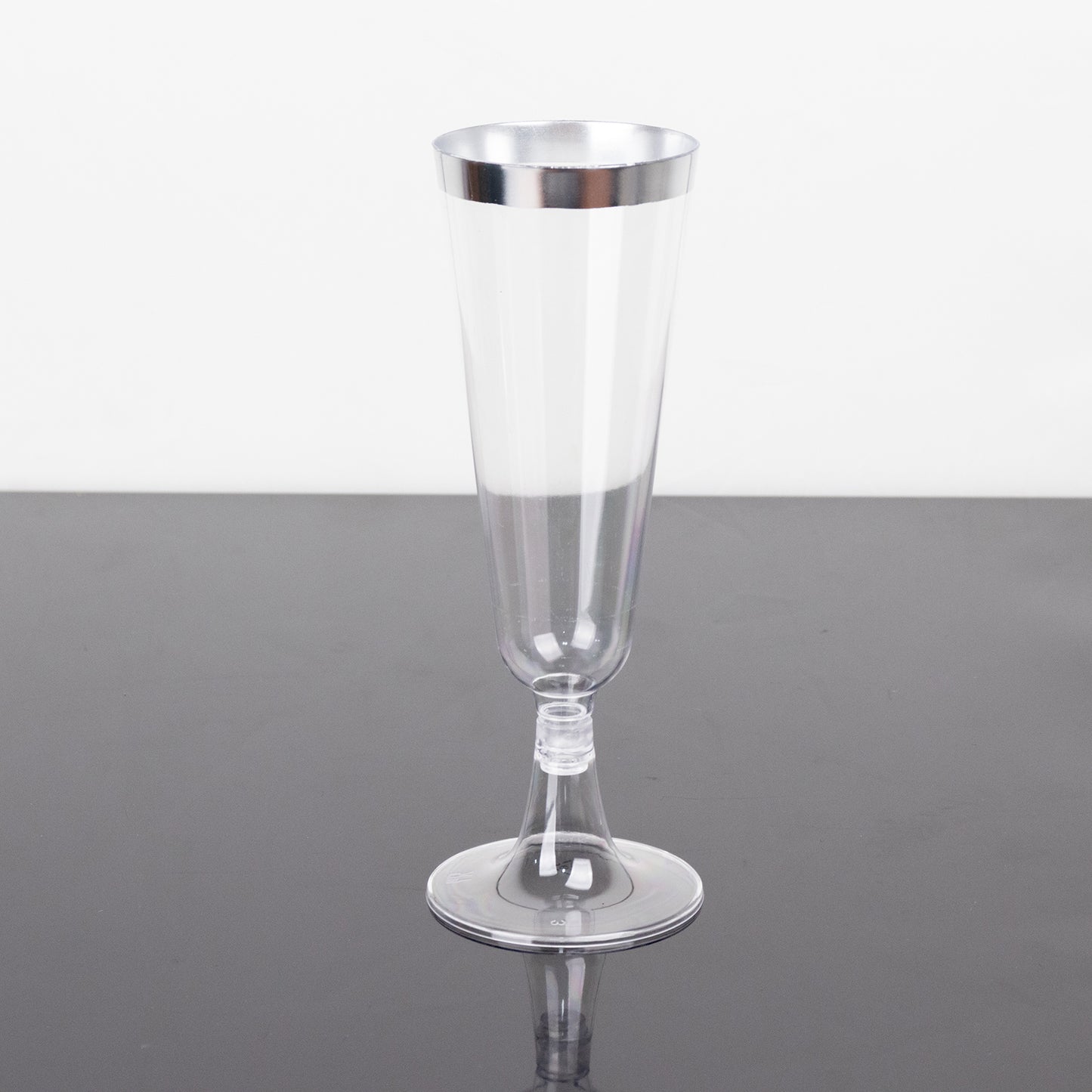 12 Pack Clear Disposable Champagne Flutes with Silver Rim, 5oz Transparent Plastic Toasting Cocktail Wine Glasses with Detachable Base - 6.25"