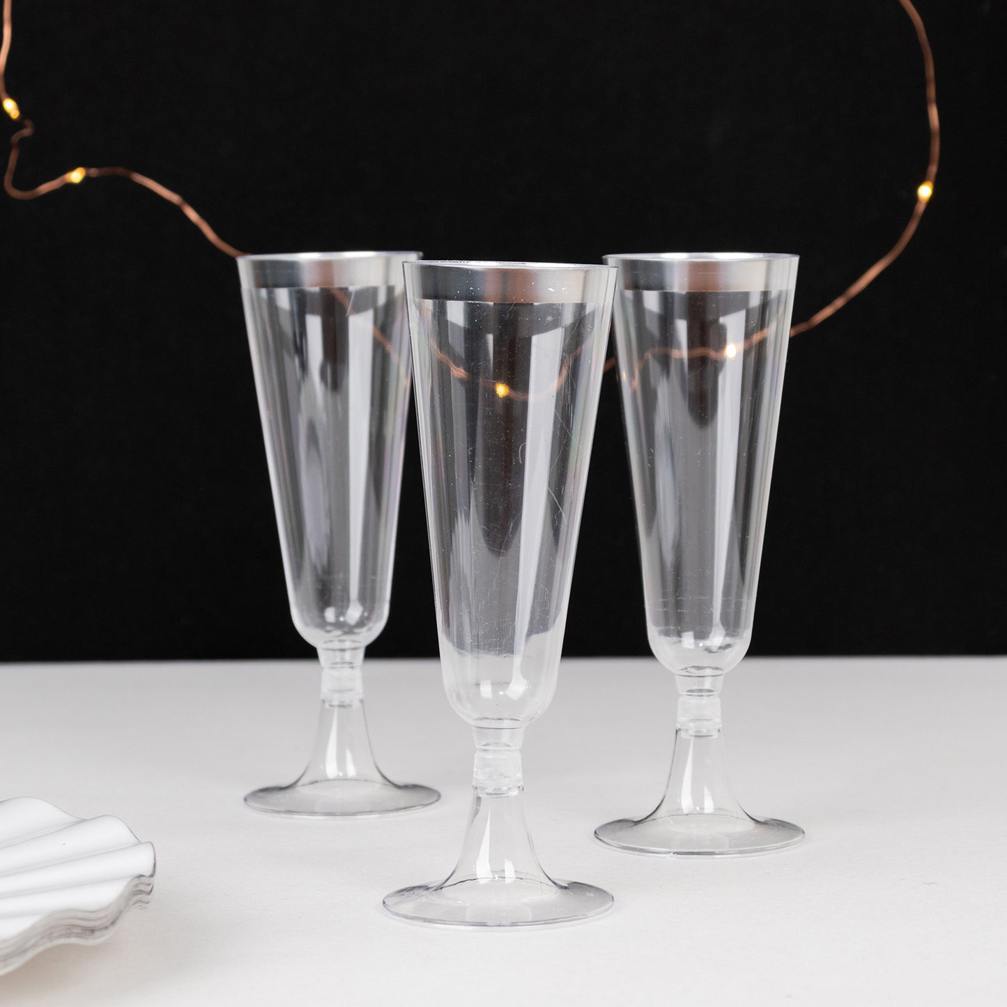 12 Pack Clear Disposable Champagne Flutes with Silver Rim, 5oz Transparent Plastic Toasting Cocktail Wine Glasses with Detachable Base - 6.25"