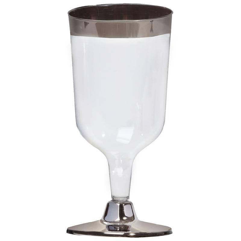 12 Pack | 6oz Chrome Silver Rim Clear Plastic Short Stem Wine Glasses, Disposable Party Cups