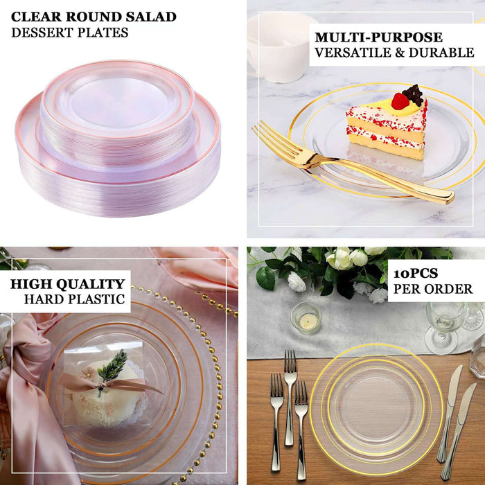 10 Pack | 8" Très Chic Gold Rim Clear Plastic Dessert Appetizer Plates, Disposable Salad Plates