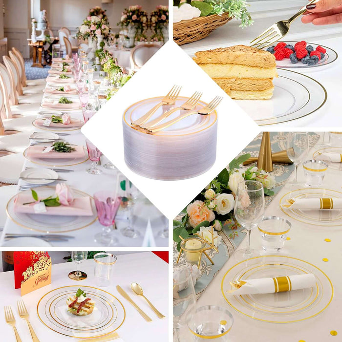 10 Pack | 8" Très Chic Gold Rim Clear Plastic Dessert Appetizer Plates, Disposable Salad Plates