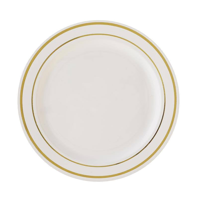 10 Pack | 8" Très Chic Gold Rim Ivory Plastic Dessert Appetizer Plates, Disposable Salad Plates