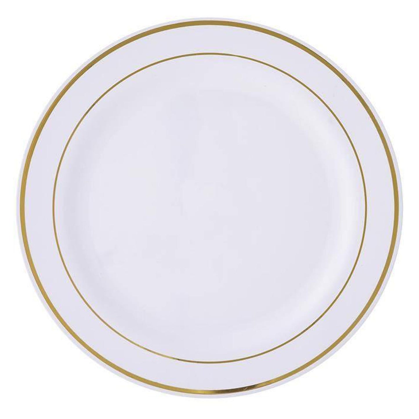 10 Pack | 8" Très Chic Gold Rim White Plastic Dessert Appetizer Plates, Disposable Salad Plates