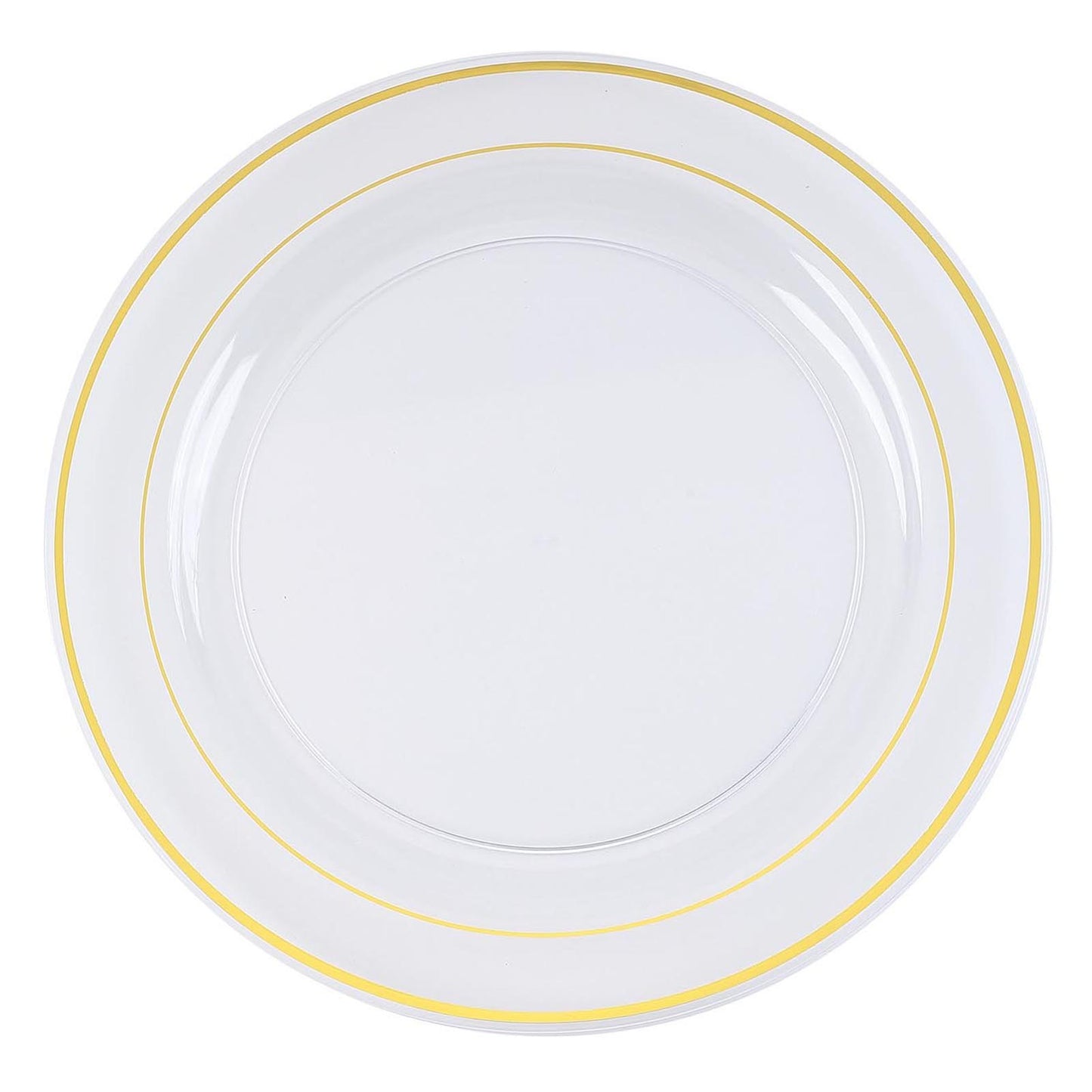 10 Pack | 10" Très Chic Gold Rim Clear Plastic Dinner Plates, Disposable Party Plates