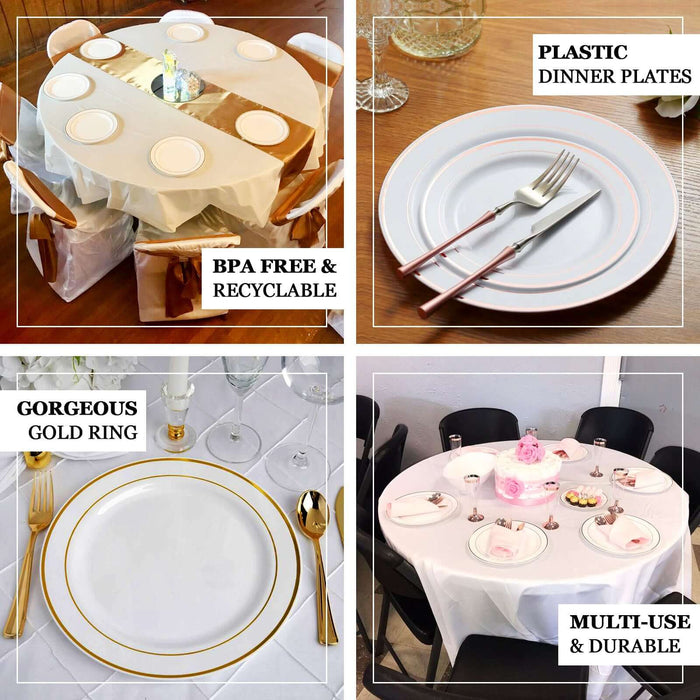 10 Pack | 10" Très Chic Gold Rim Ivory Plastic Dinner Plates, Disposable Party Plates