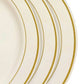 Ivory plastic dinner plates with gold rim, perfect for parties. 10 pack.