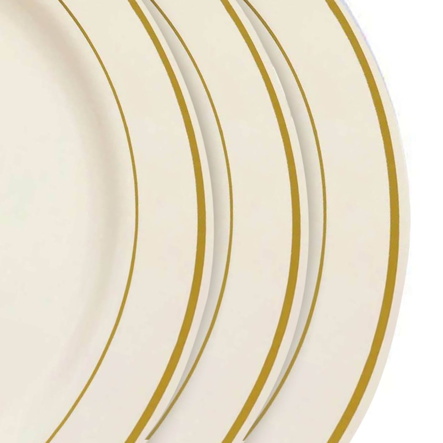 Ivory plastic dinner plates with gold rim, perfect for parties. 10 pack.