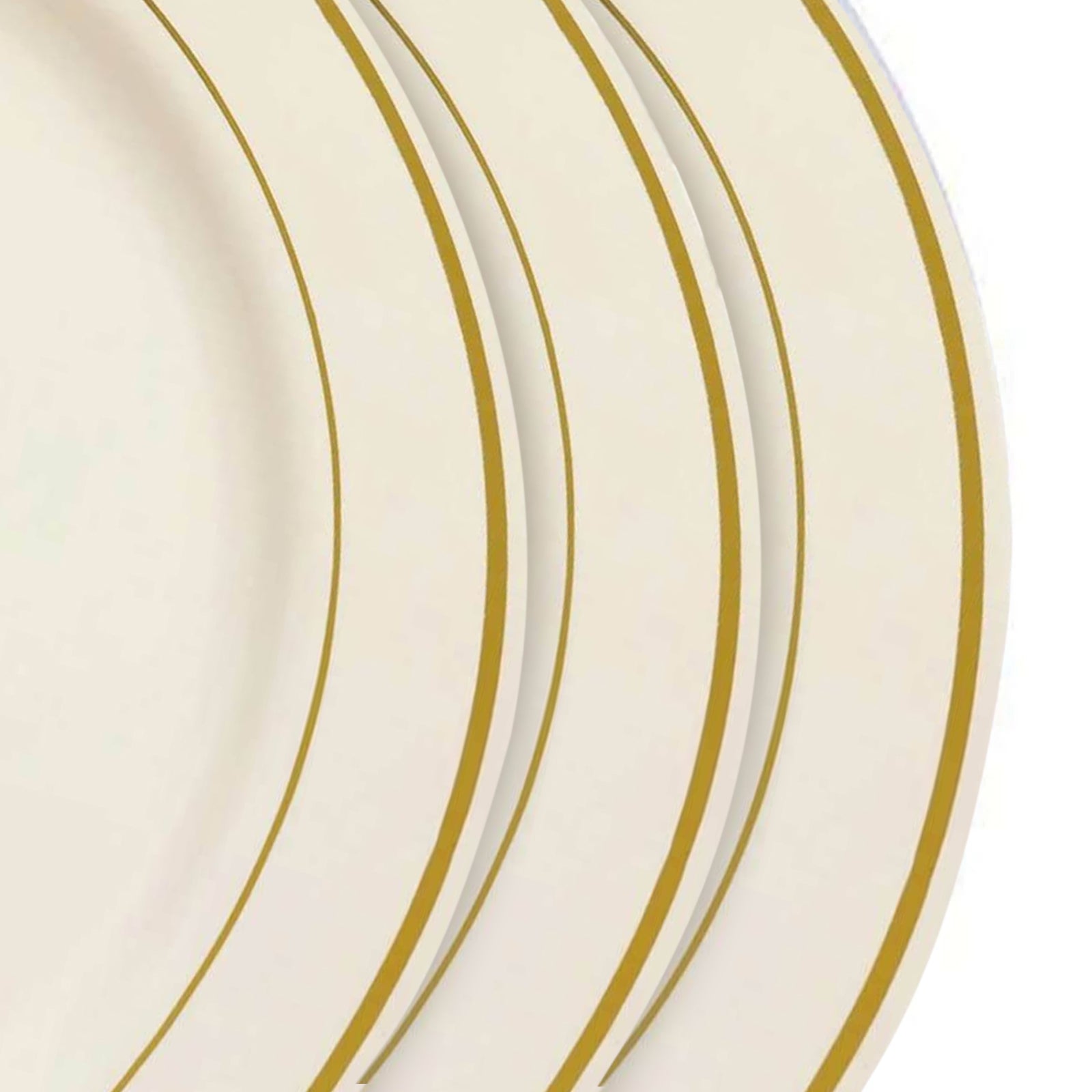 Ivory plastic dinner plates with gold rim, perfect for parties. 10 pack.