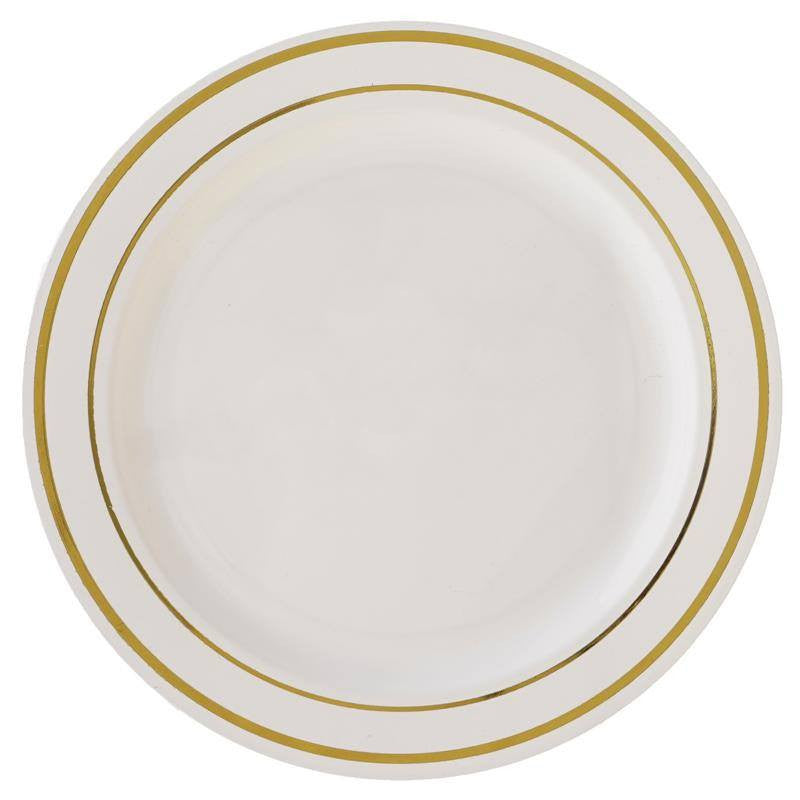 10 Pack | 10" Très Chic Gold Rim Ivory Plastic Dinner Plates, Disposable Party Plates