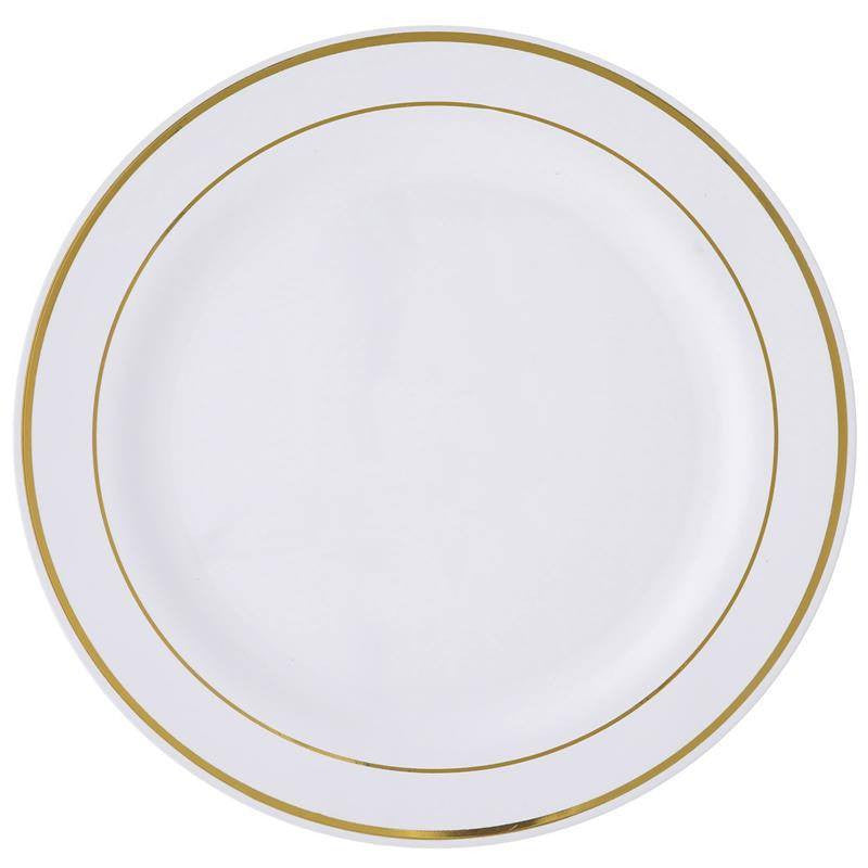 10 Pack | 10" Très Chic Gold Rim White Plastic Dinner Plates, Disposable Party Plates