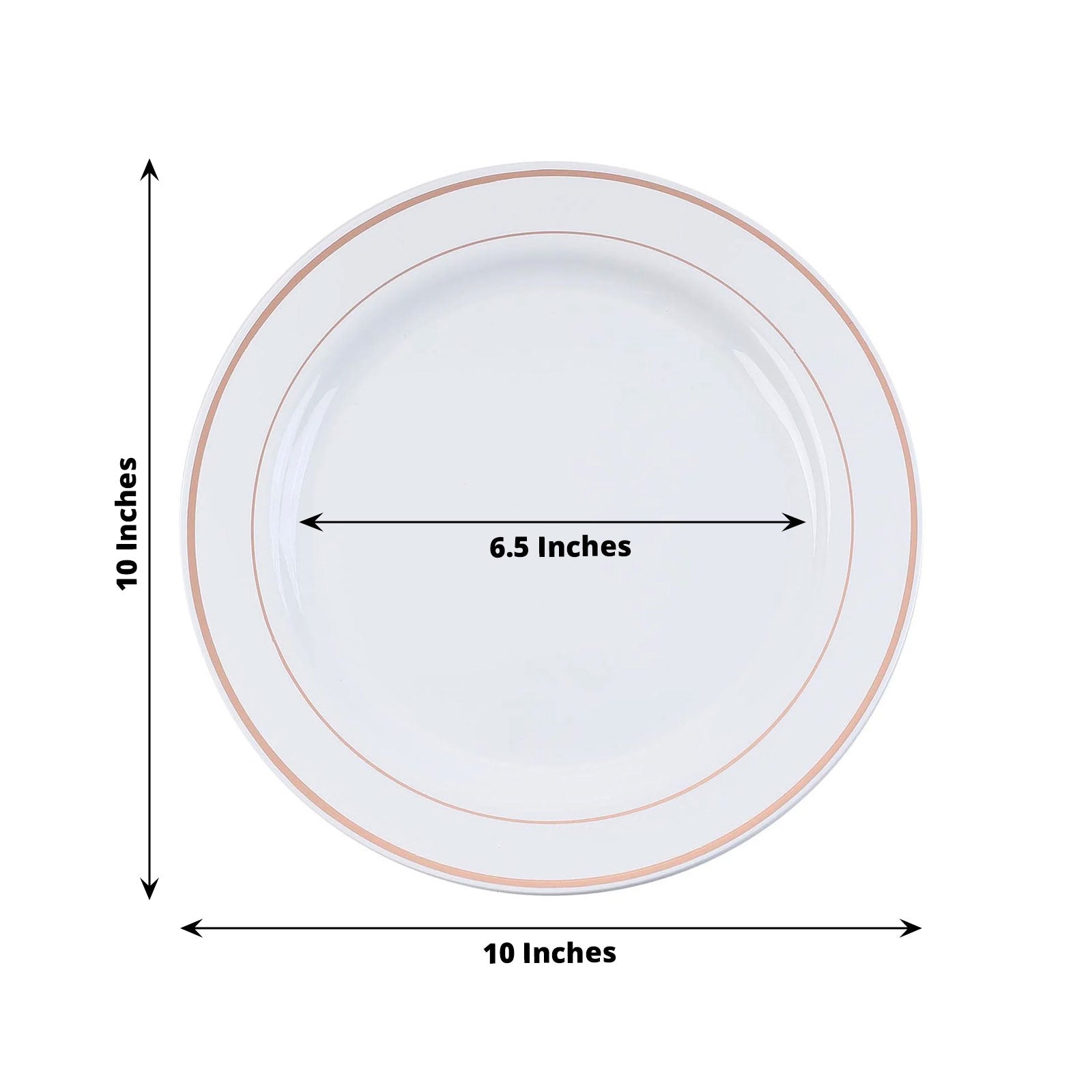 10 Pack | 10" Très Chic Rose Gold Rim White Plastic Dinner Plates, Disposable Party Plates