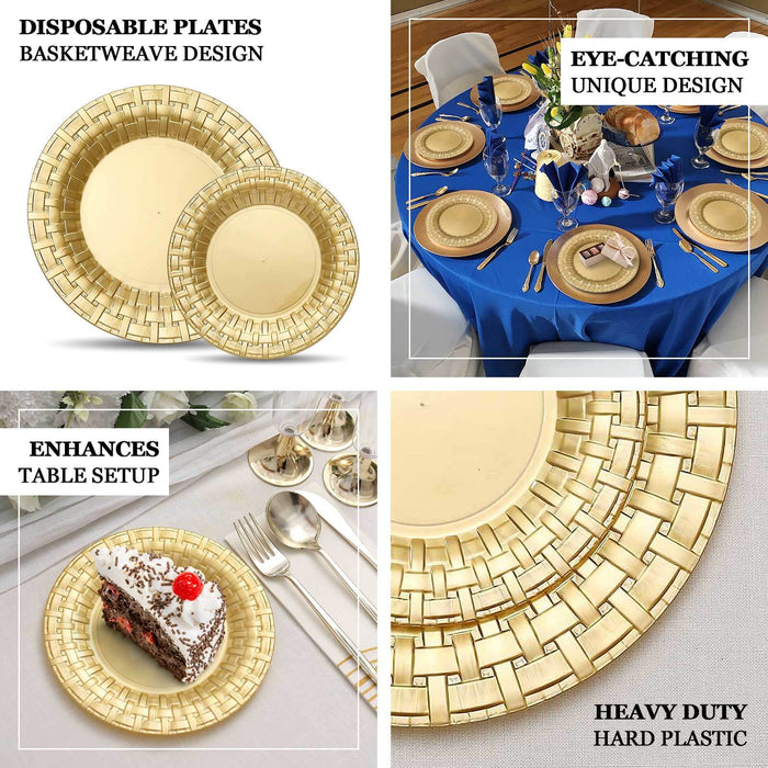 10 Pack | 10" Gold Basketweave Rim Plastic Dinner Plates, Round Disposable Plates