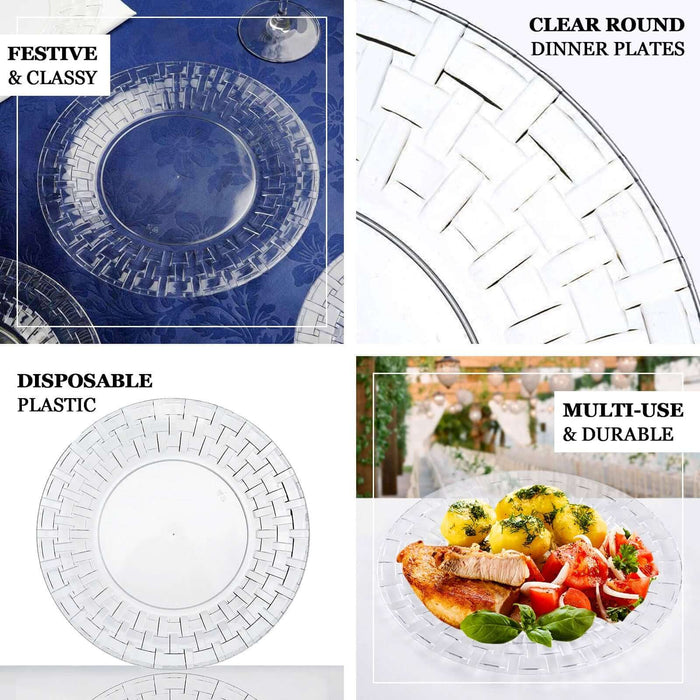 10 Pack | 10" Clear Basketweave Rim Plastic Dinner Plates, Disposable Party Plates