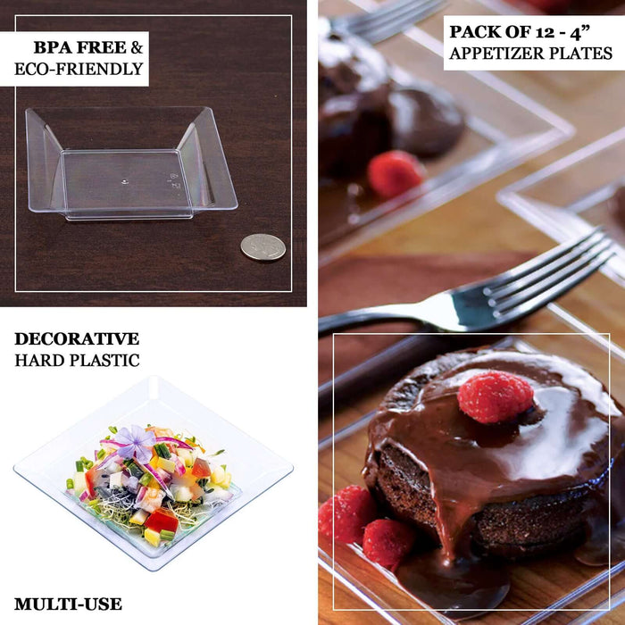 12 Pack | 4" Clear Mini Square Plastic Appetizer Plates, Disposable Dessert Plates