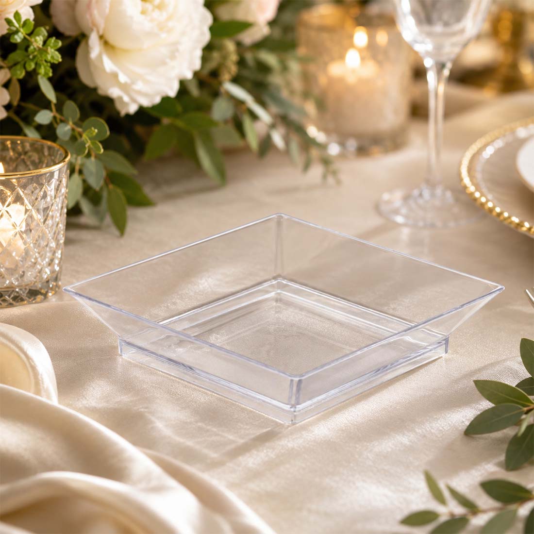 50-Pack Tapas Plates 3.5" Sleek Square Design, Clear Plastic – Disposable Appetizer & Dessert Plates