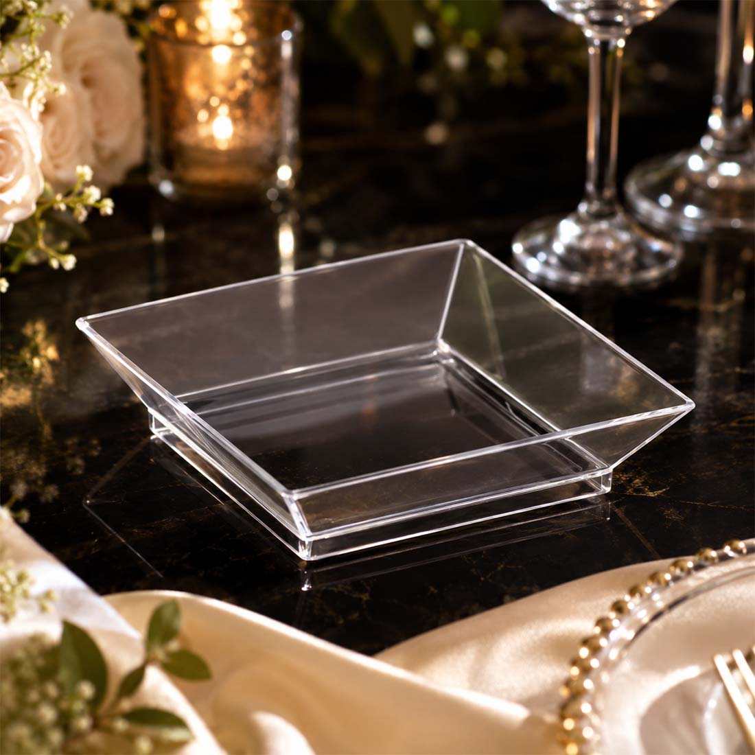 50-Pack Tapas Plates 3.5" Sleek Square Design, Clear Plastic – Disposable Appetizer & Dessert Plates