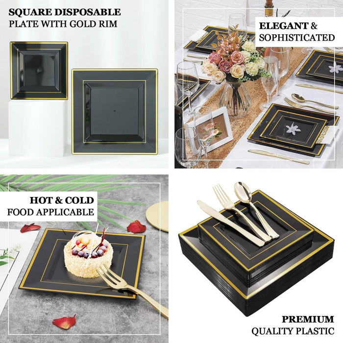 10 Pack | 7" Gold Trim Black Square Plastic Salad Dessert Plates