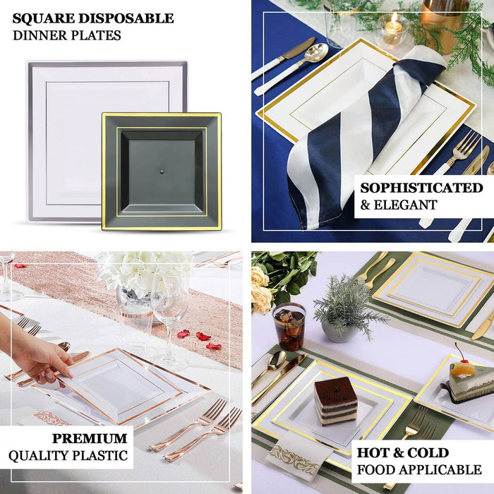 10 Pack | 7" Gold Trim White Plastic Square Dessert Plates, Disposable Appetizer Salad Plates