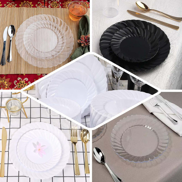 12 Pack | 6" White Flair Rim Plastic Dessert Appetizer Plates, Round Disposable Salad Plates